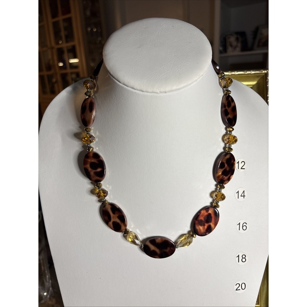 Donna Dressler 925 Sterling Clasp Faux Tortoise Shell Amber Crystal Necklace 16"